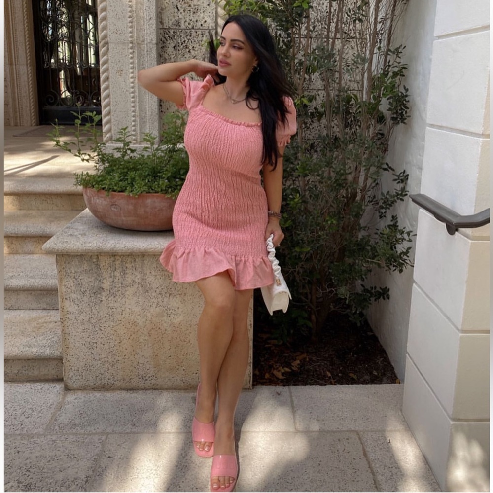 puff sleeve pink blush dress